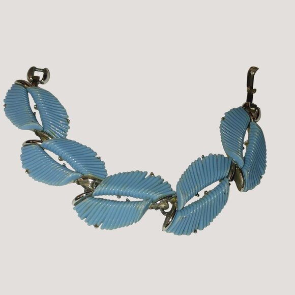 Vintage 1950 BSK Blue Parure Enamel Leaf Link Bracelet Silver Tone Metal 7 Inch - Picture 8 of 8